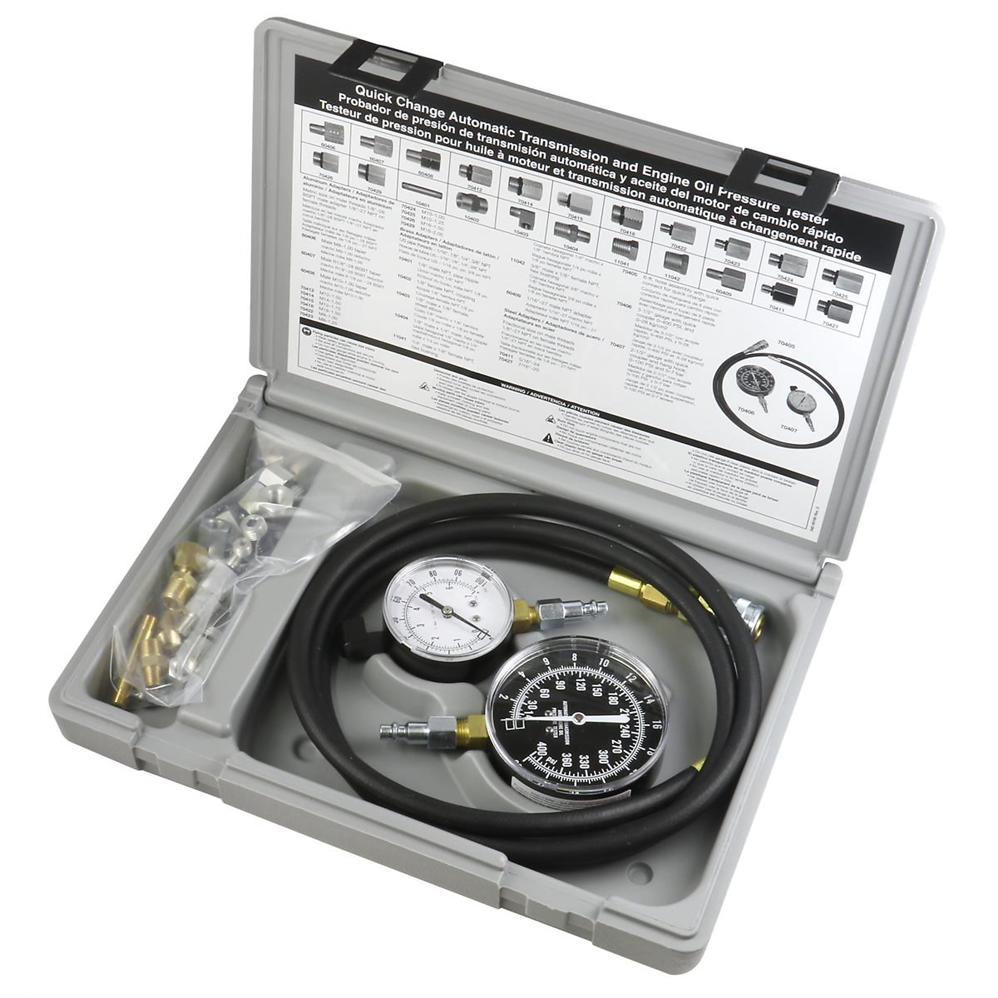 Lang Tools Transmission & Engine Oil Pressure Tester — 2 1/2in. Gauge, 0-100 PSI, 3 1/2in. Gauge, 0-400 PSI, 21 SAE & Metric Fittings, Model# STATU16A